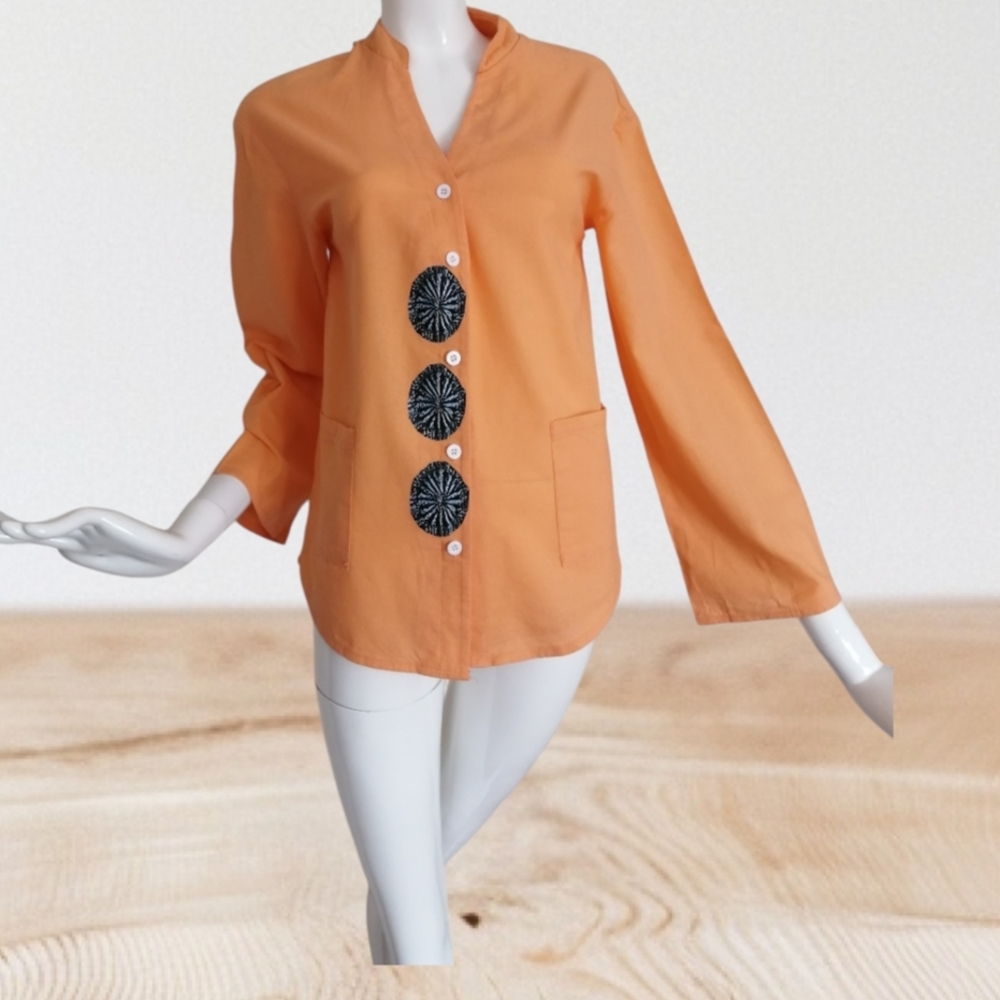 Chic  linen  Orange Blouse with Unique Black Buttons